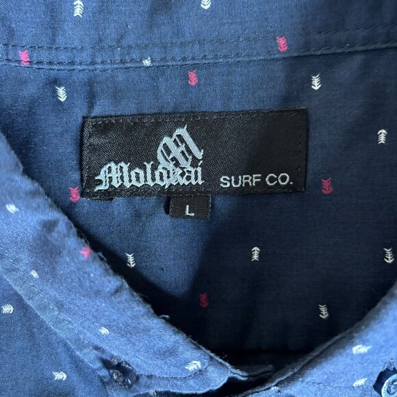 Molokai Surf Button Down Short Sleeve Shirt L Blue Fishbone Chest Pocket Casual - Picture 7 of 8